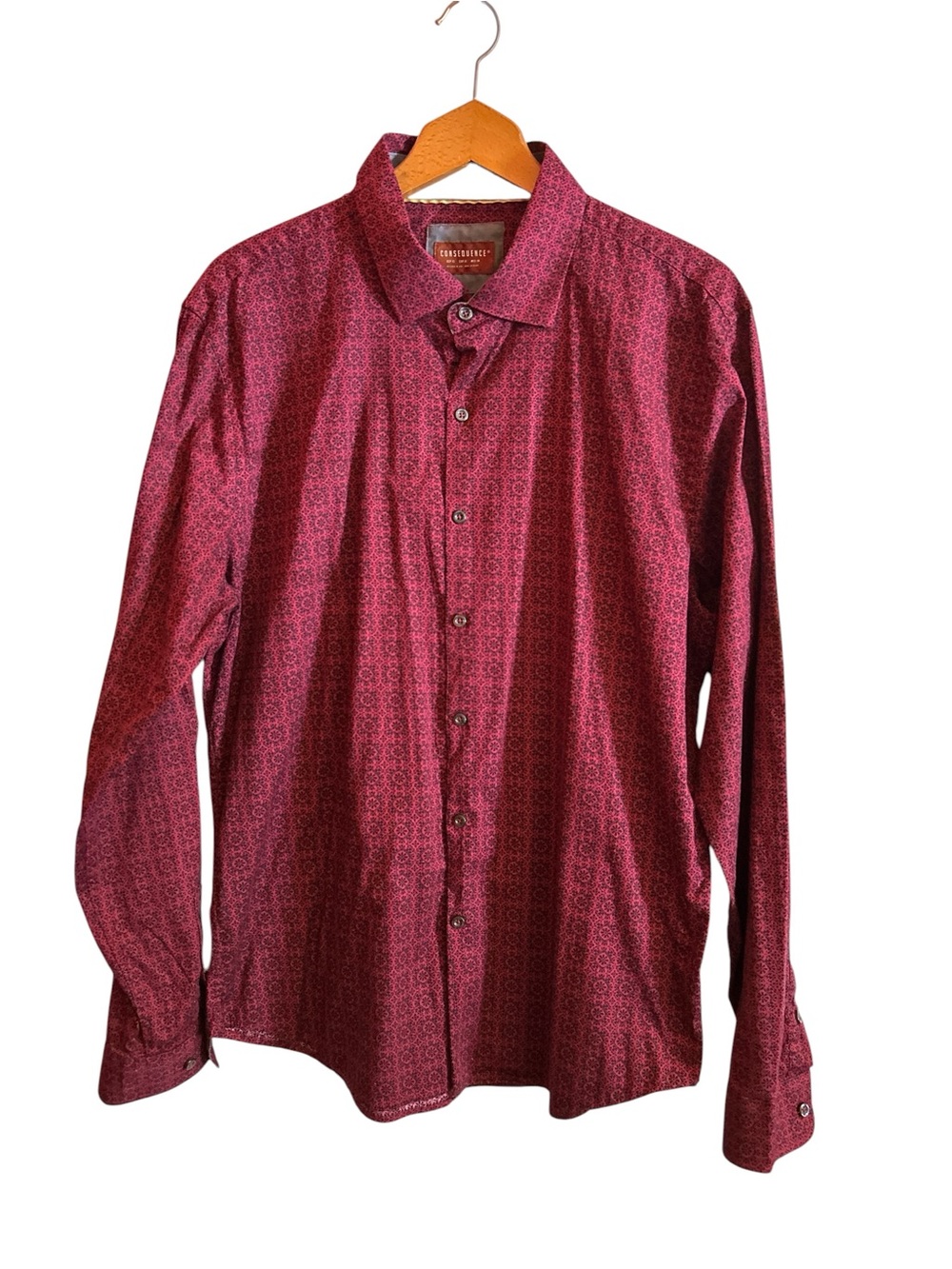 Men's Long-Sleeve Burgundy Patterned Dress Shirt